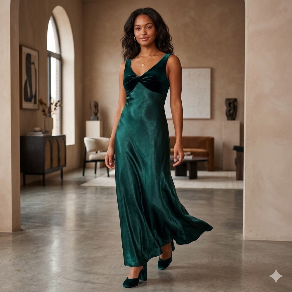 Vintage‎ 90s Y2K Niki Livas Green Velvet and Satin Prom Gown Dress Size 8